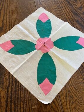 Vintage hand, stitched Handmade Floral Cotton quilt patch in Pink and Teal